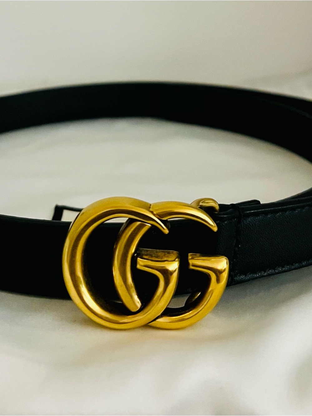 Gucci GG Marmont Black Leather Belt with Gold Double G Buckle